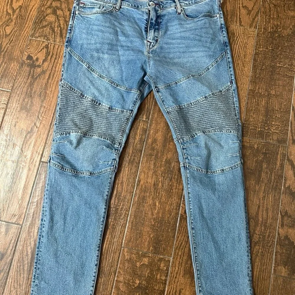 True Religion Rocco Relaxed Skinny Moto Jeans Mens 38 Blue Denim Ribbed Knee
